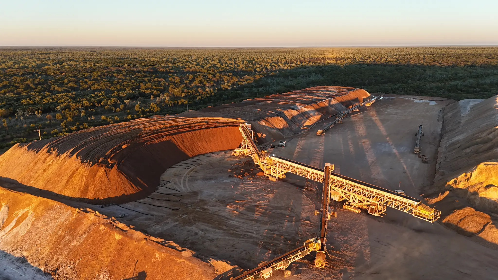 Aerial view of mining operation with conveyor belts